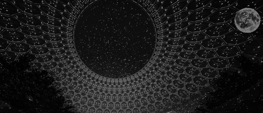 Black-and-white rendering of a vast latticed dome open to a starry sky, from the AS+GG website.