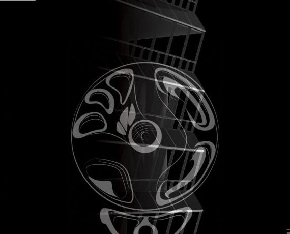 Black-and-white rendering of a structural detail: a petal-shaped node on a twisting lattice.
