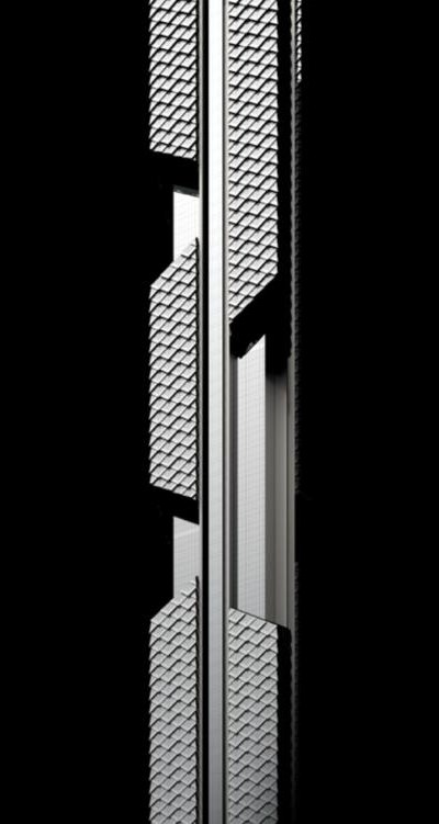 Close rendering of a supertall tower facade, textured cladding either side of a glass spine.