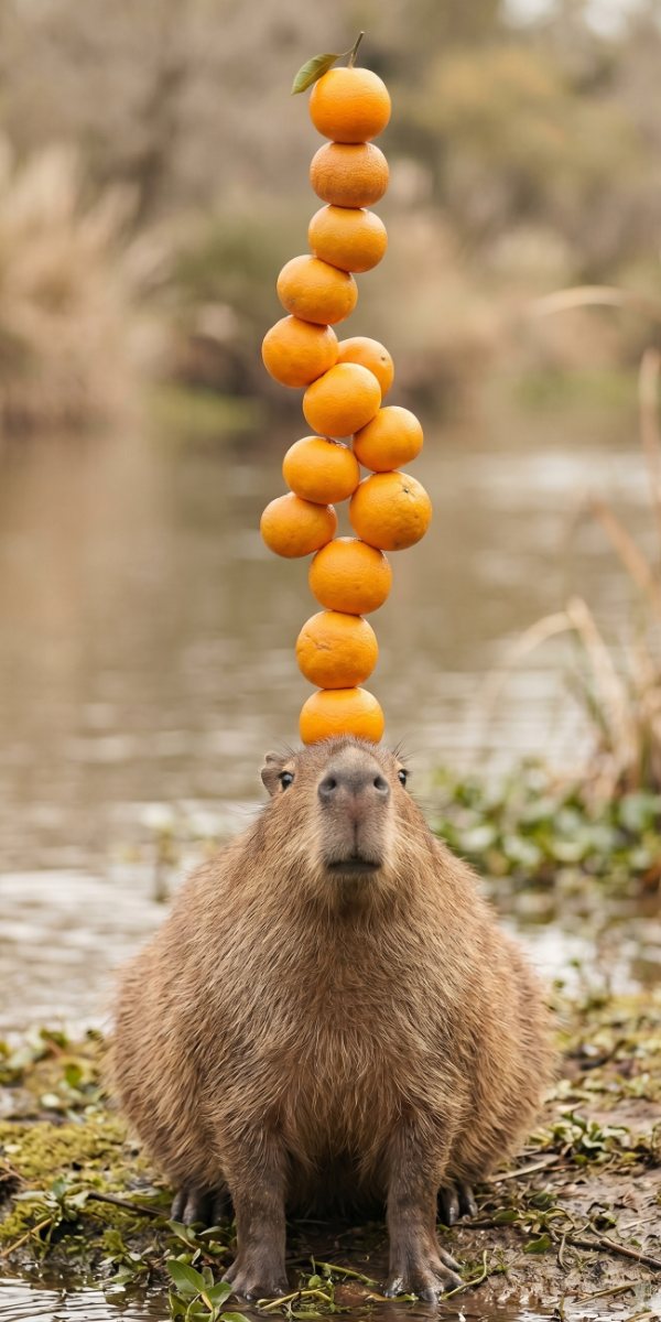 A capybara balancing a tower of oranges on its head — placeholder figure.