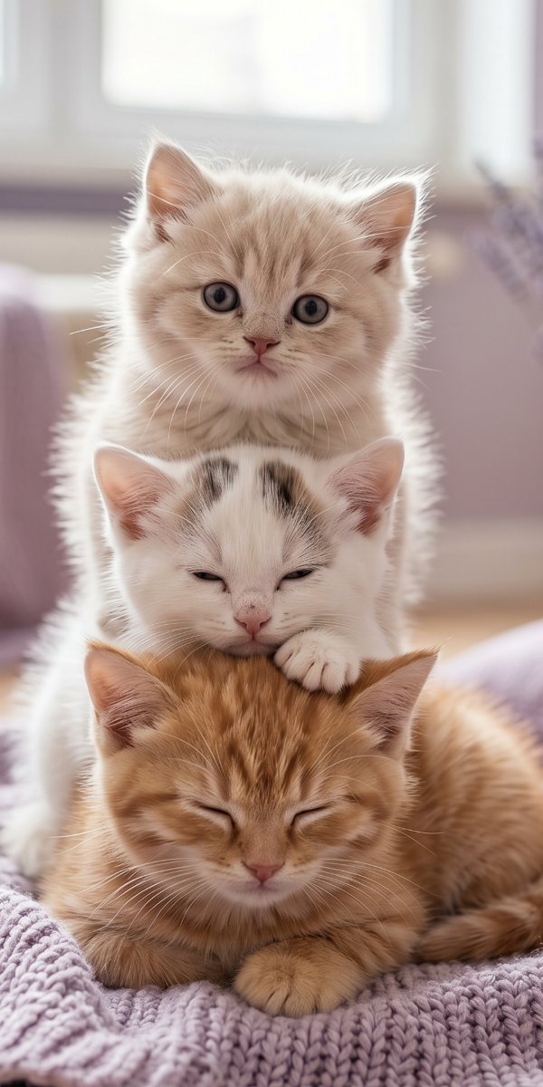 Three kittens stacked and sleepy — placeholder figure.