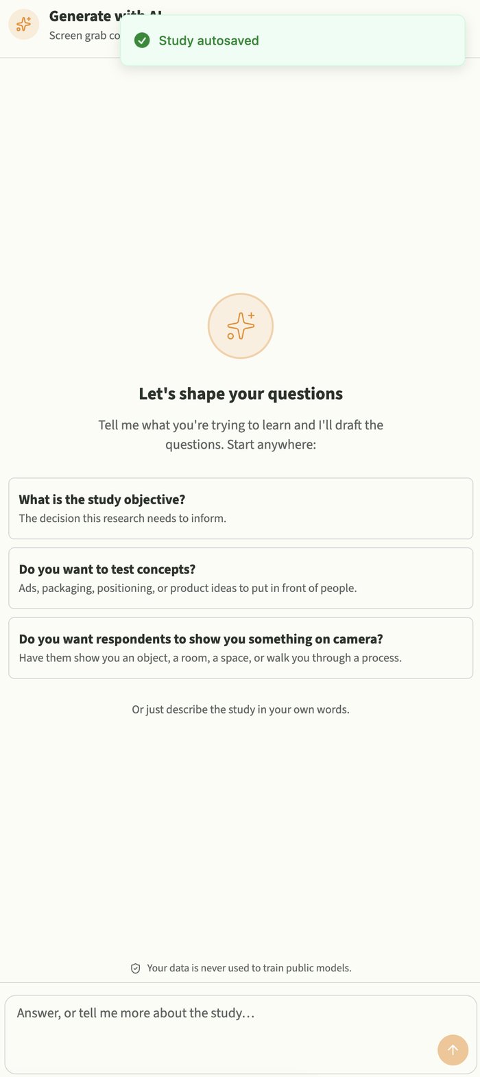 Fabric's Generate with AI panel asking what the study objective is, whether to test concepts, and whether respondents should show something on camera.