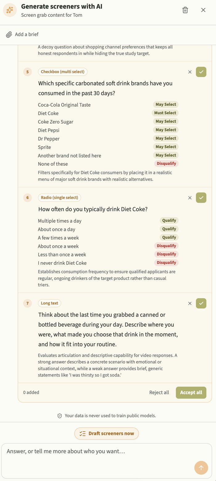 Drafted screener questions with qualify and disqualify rules on each answer, including a decoy brand list and an articulation check.