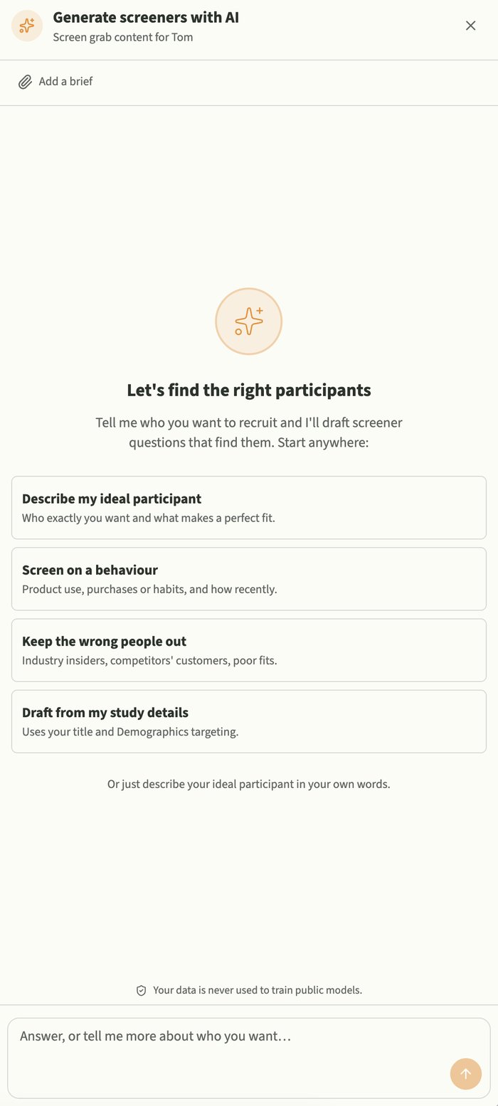 Fabric's screener agent asking who to recruit: describe the ideal participant, screen on a behaviour, keep the wrong people out, or draft from study details.