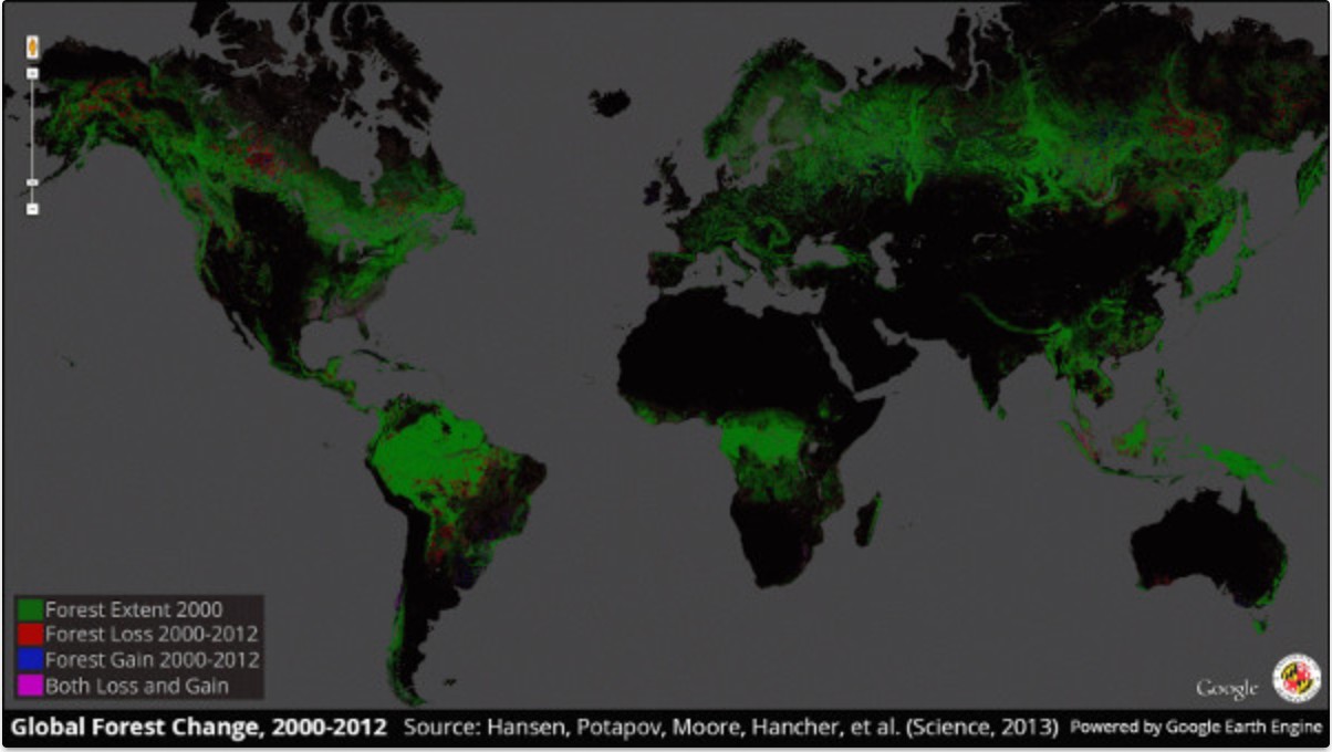 World map of global forest change 2000 to 2012, forest extent in green and loss in red, powered by Google Earth Engine.