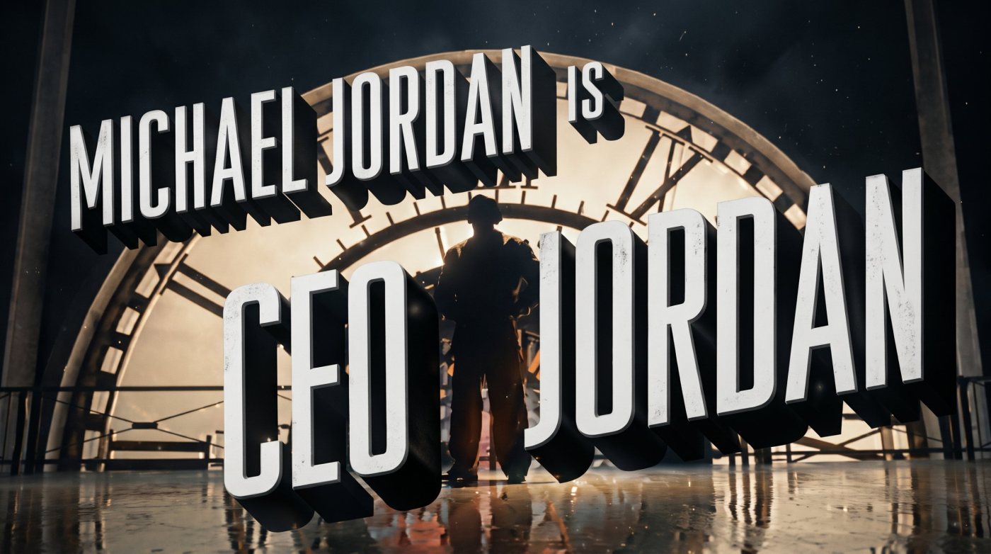 Title card from the TV spot: MICHAEL JORDAN IS CEO JORDAN in tall white letters over a silhouetted Jordan and a giant clock face.