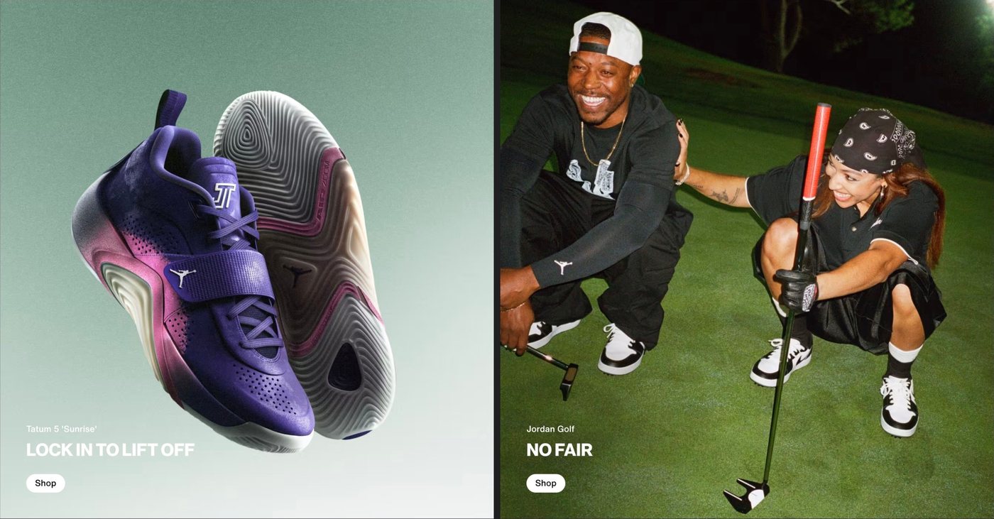 Two panels from the Jordan site: the purple Tatum 5 &lsquo;Sunrise&rsquo; sneaker, and two golfers in Jordan gear crouched on a green at night under the heading No Fair.