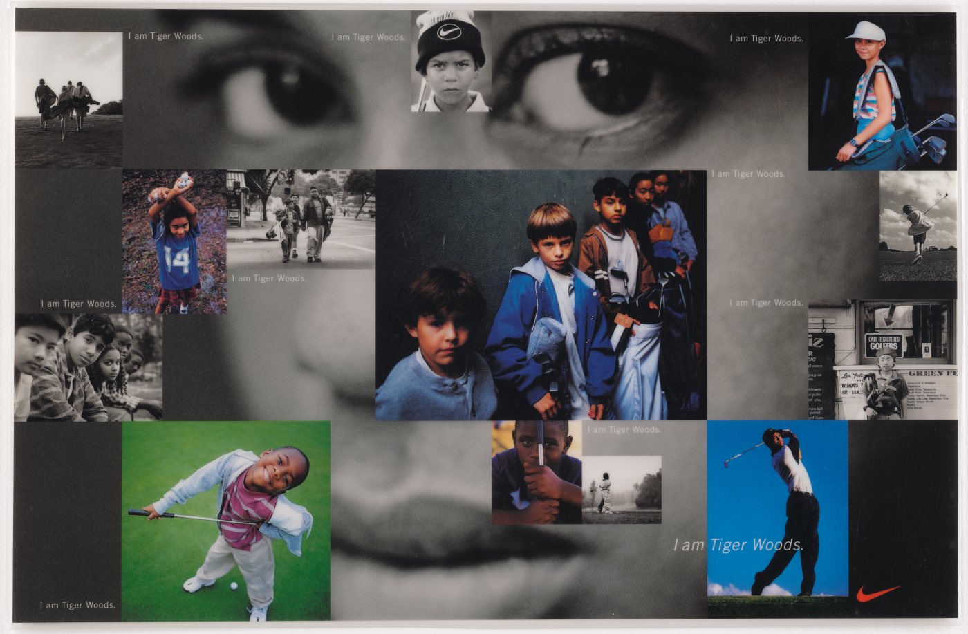 Print ad: a grid of photographs of kids of every background holding clubs and golf bags, laid over a close-up of a child&rsquo;s eyes, each photo captioned I am Tiger Woods.