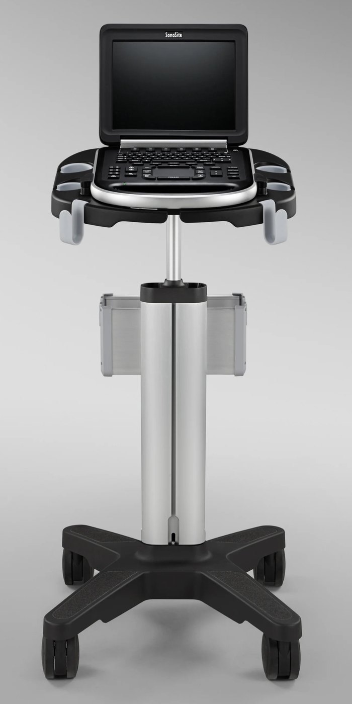 The SonoSite Edge on its cart stand, probes docked either side.